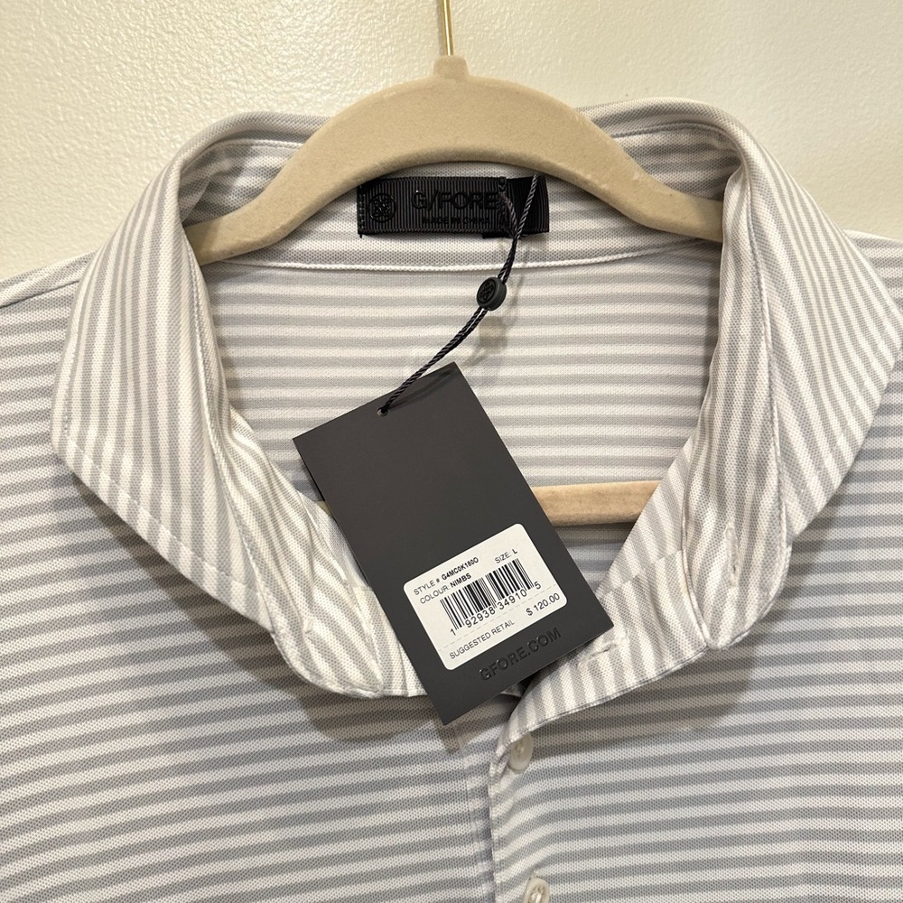 NWT G/Fore golf shirt. Gray and white stripe.